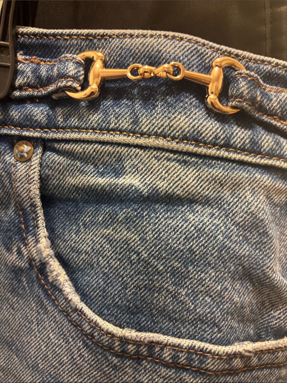 Express Light Blue Denim Mini Skirt with Gold Chain Trim - Picture 3 of 4